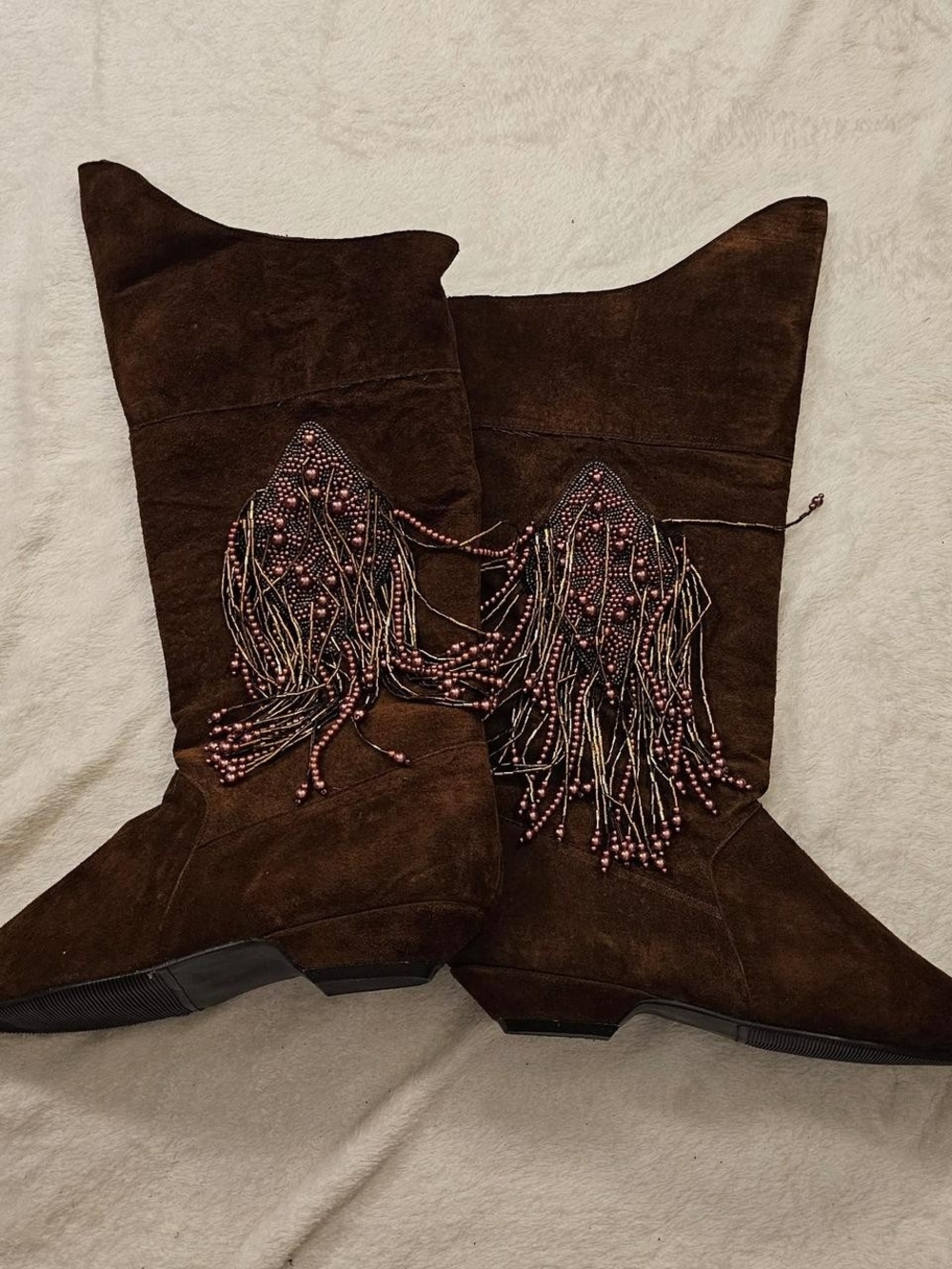 Aj Valenci Brown Suede Beaded Fringe Mid-Calf Boots - Picture 2 of 7